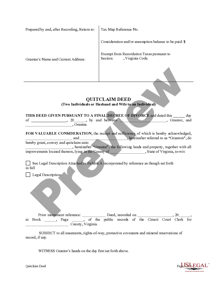 Preview Quitclaim Deed Pursuant to a Final Decree of Divorce - Two Individuals to One Individual