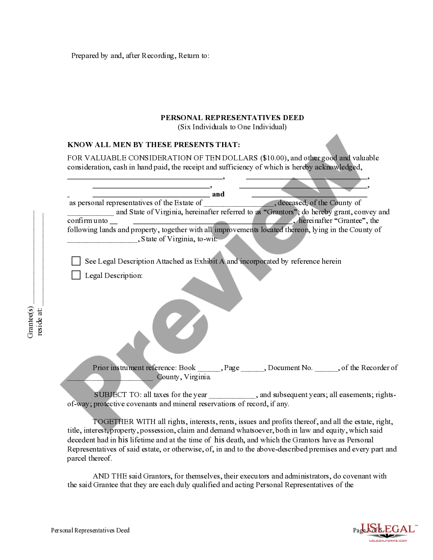Virginia Personal Representatives Deed Personal Representative Deed