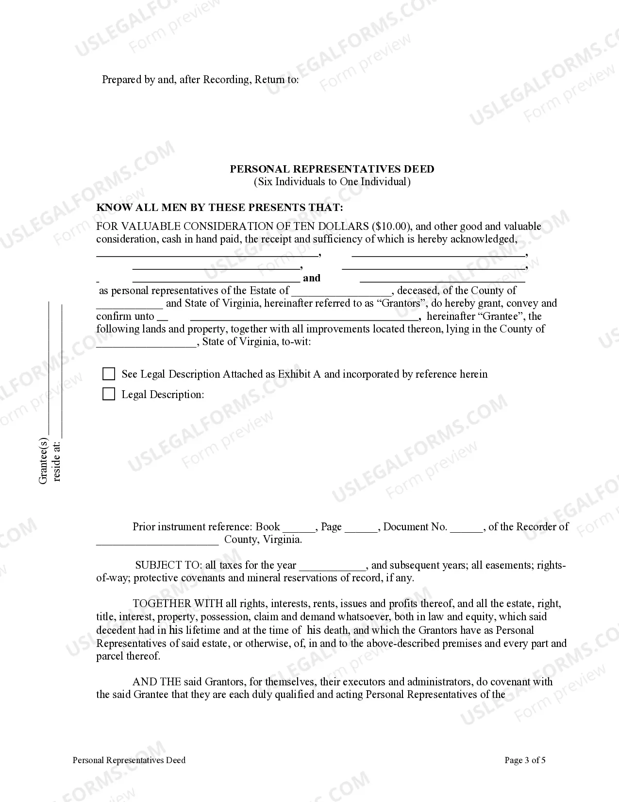 Preview Personal Representatives Deed - Six Individuals to One Individual
