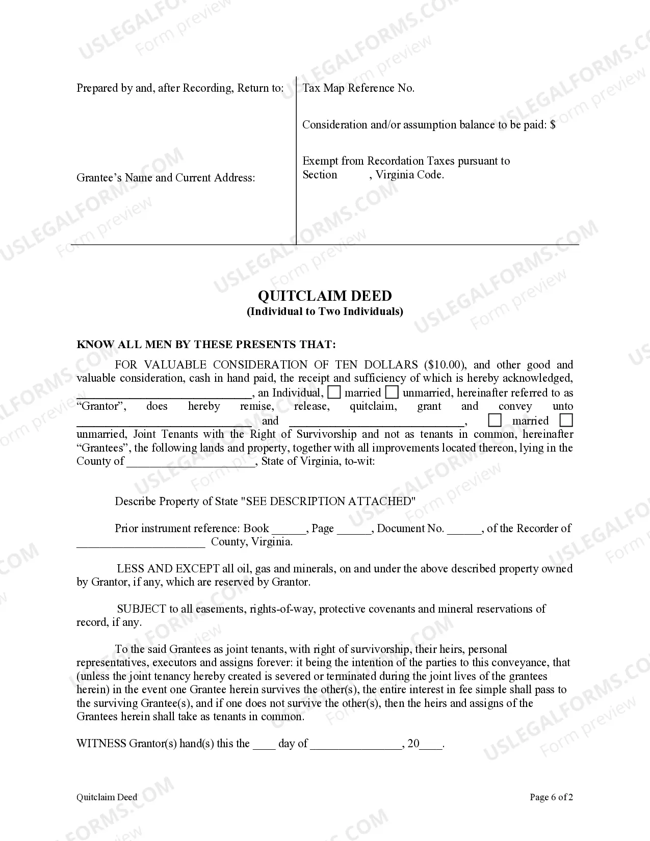 Preview Quitclaim Deed from Individual to Two Individuals in Joint Tenancy