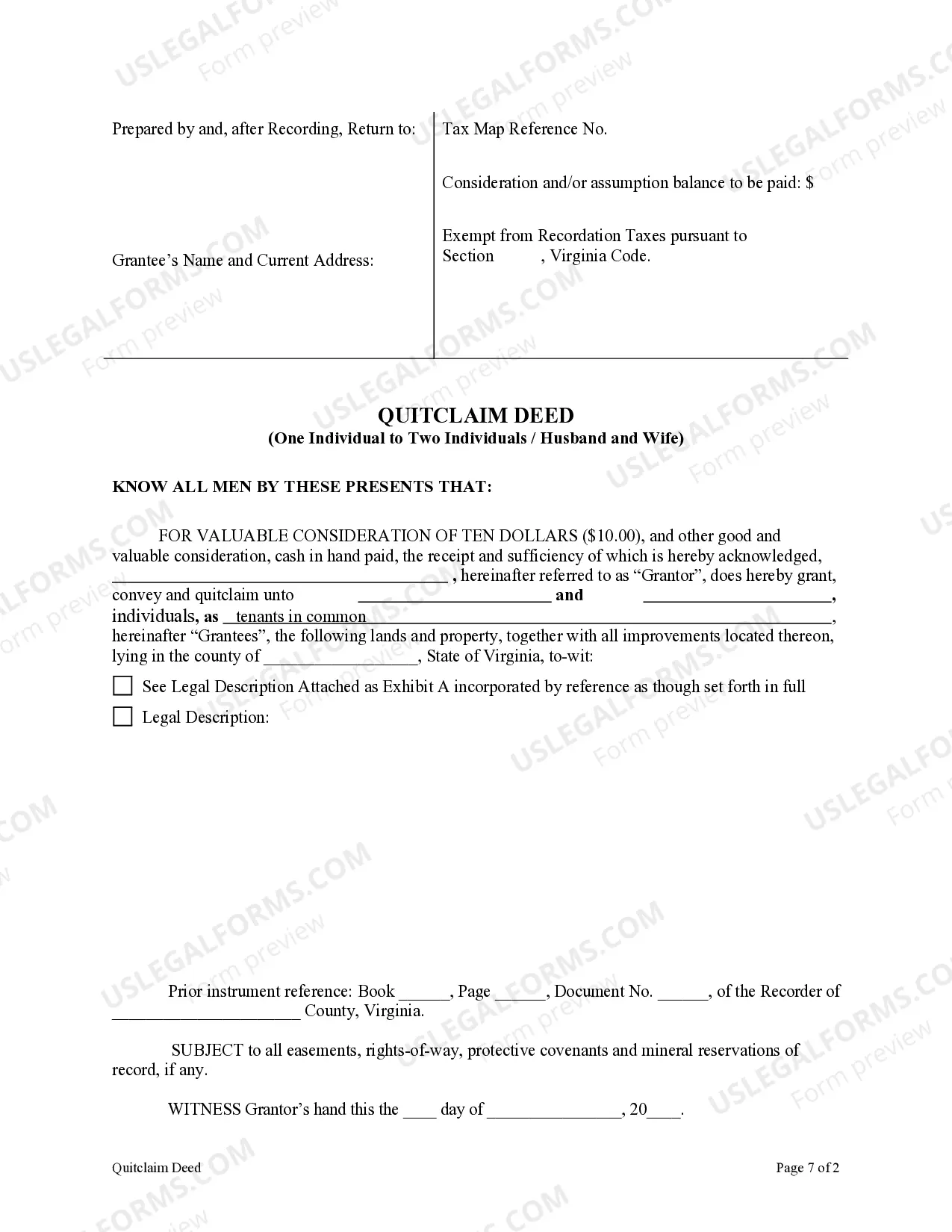 Preview Quitclaim Deed - One Individual to Two Individuals / Husband and Wife