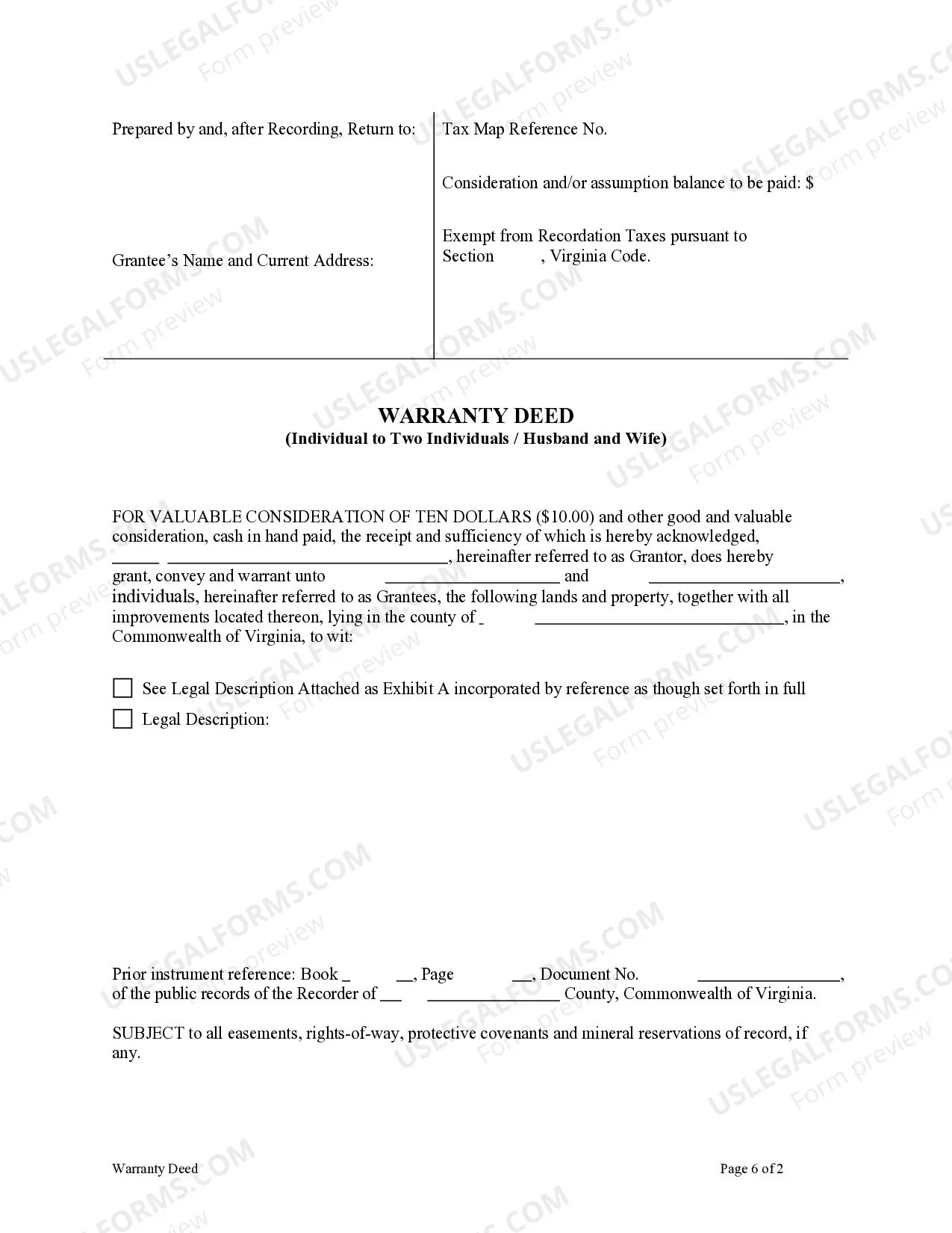 Preview Warranty Deed from an Individual to Two Individuals or Husband and Wife