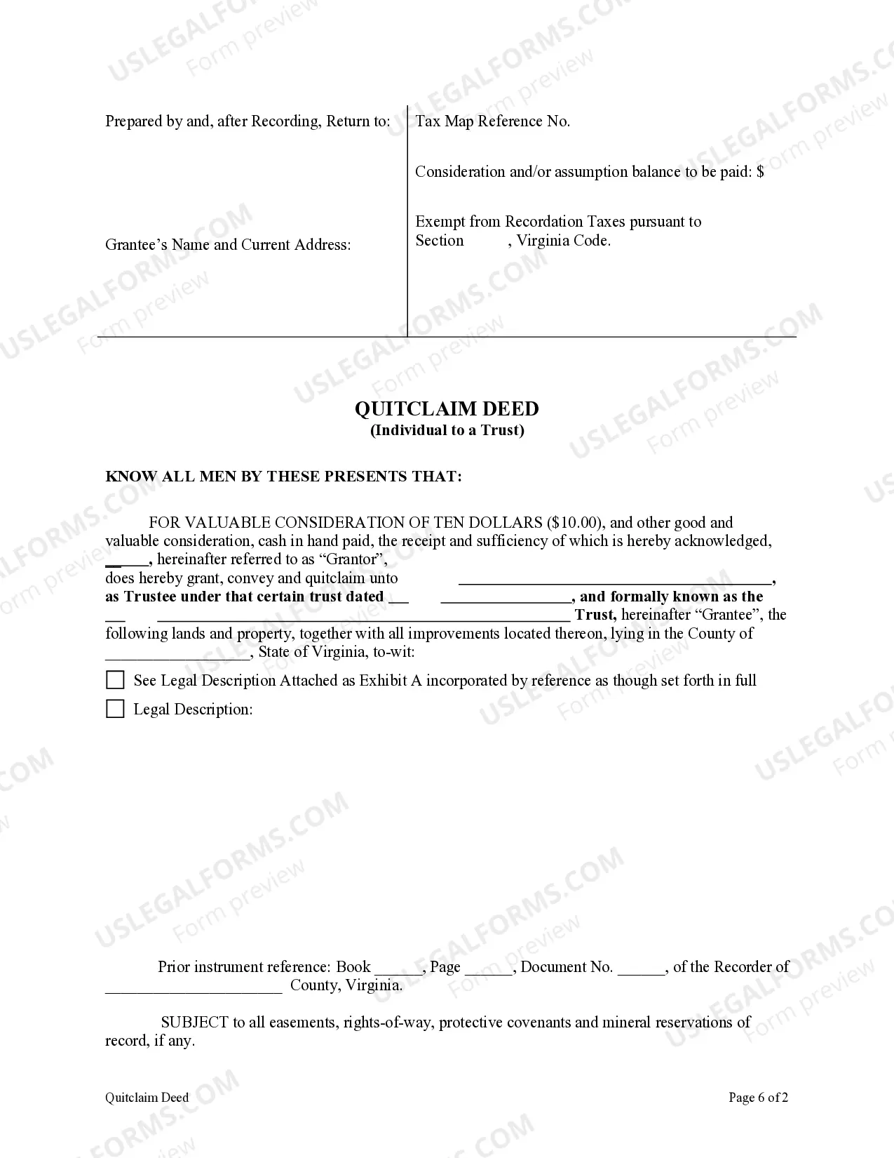 Preview Quitclaim Deed - Individual to a Trust