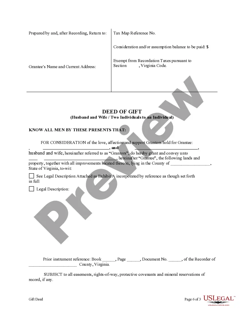 Preview Deed of Gift - Husband and Wife or Two Individuals to Indvidual