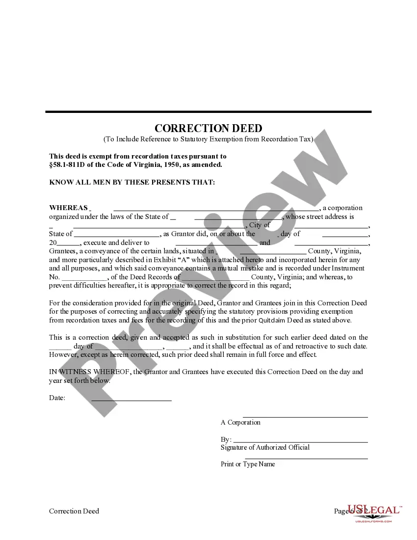 Preview Deed of Correction - Corporation to Husband and Wife / Two Individuals