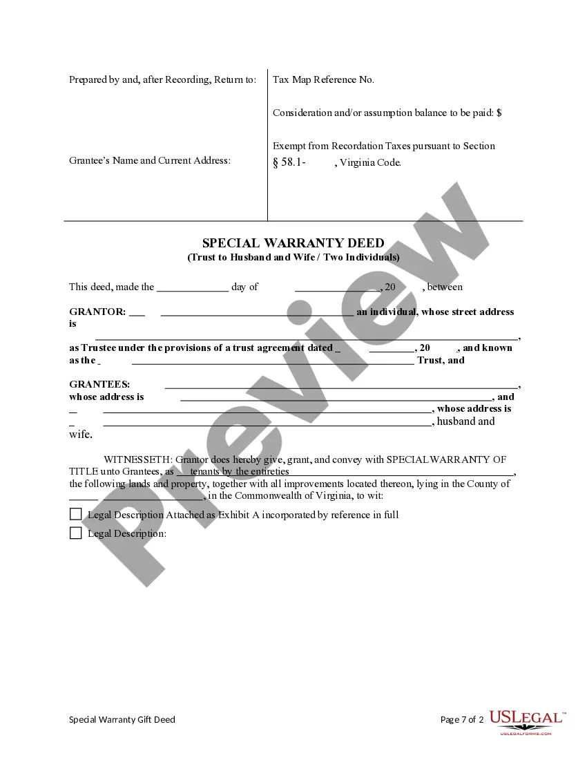 Preview Special Warranty Deed from a Trust (single Trustee) to Husband and Wife / Two Individuals