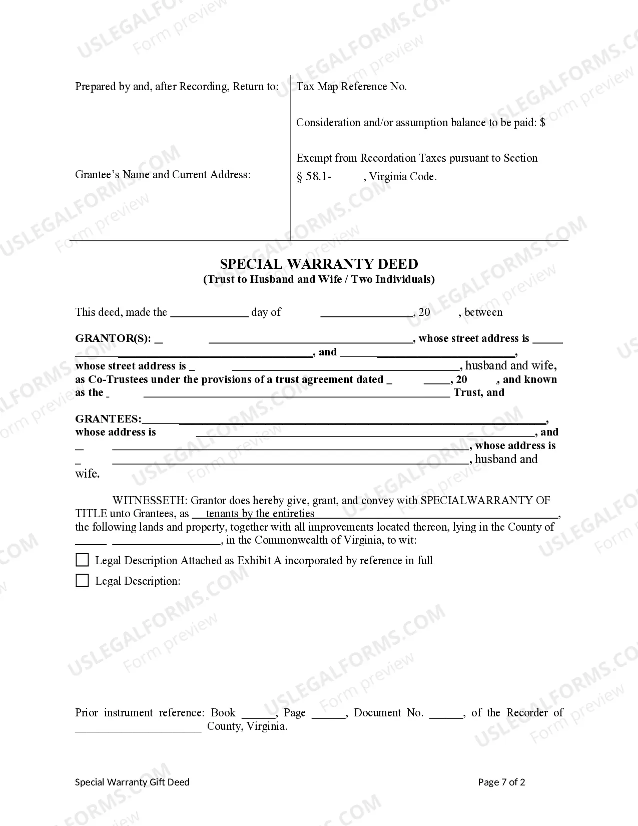 Preview Special Warranty Deed from a Trust (Two Co-Trustees) to Husband and Wife / Two Individuals