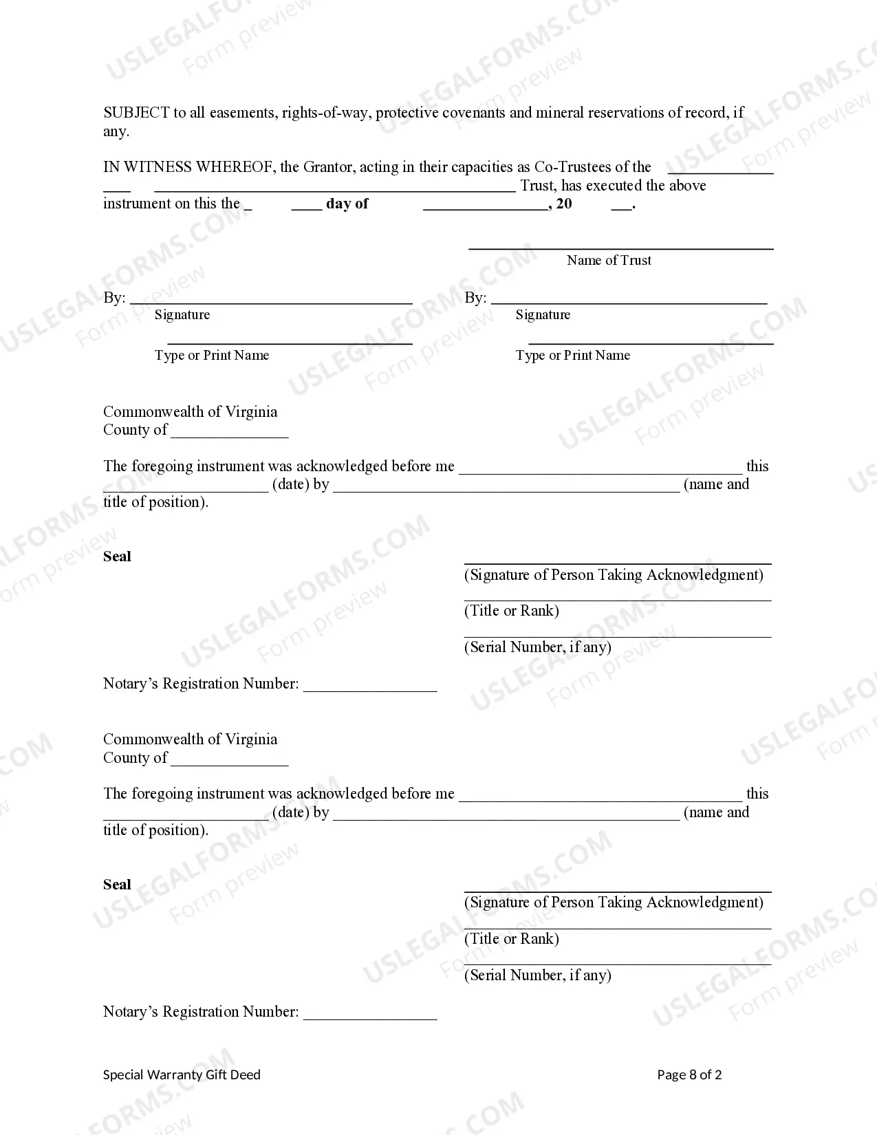 Preview Special Warranty Deed from a Trust (Two Co-Trustees) to Husband and Wife / Two Individuals