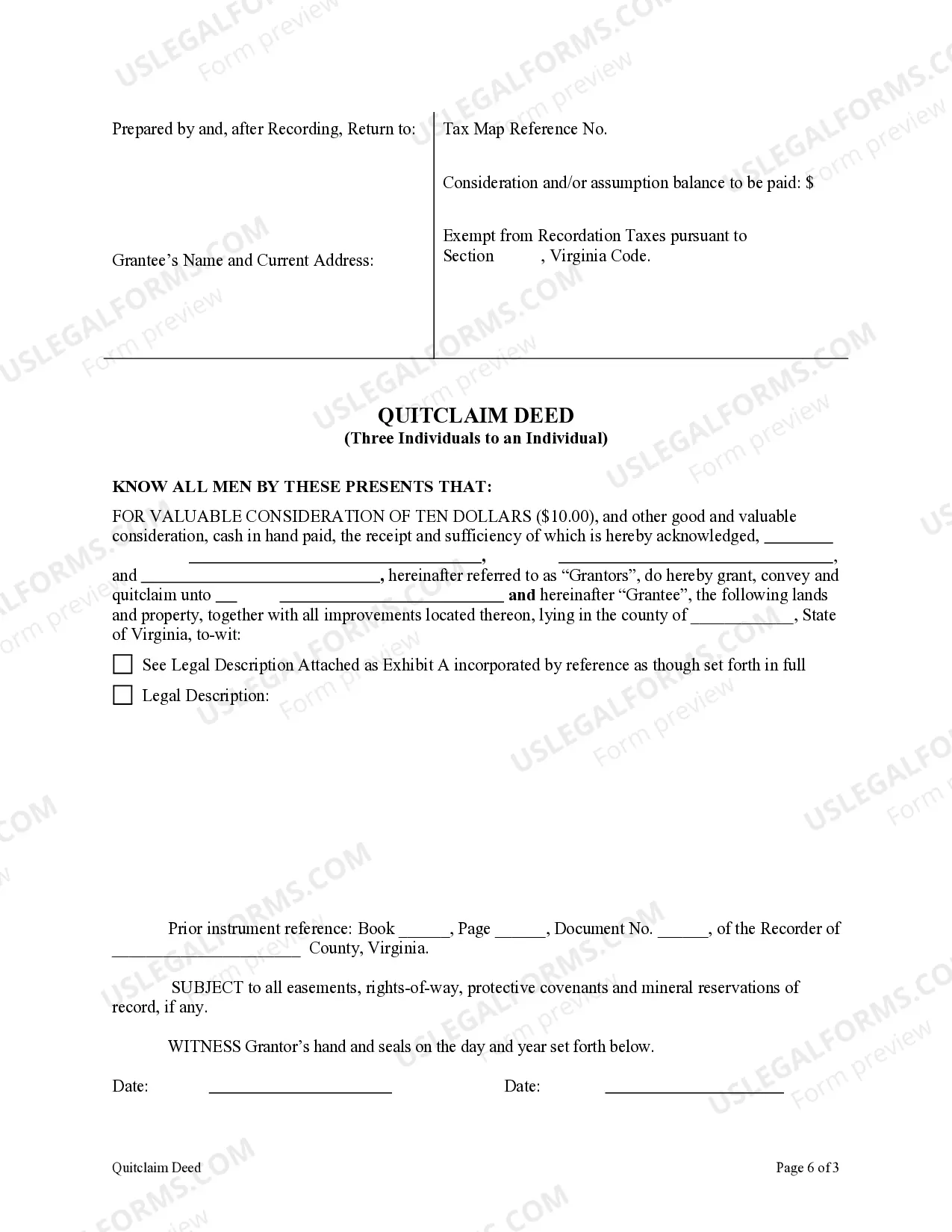 Preview Quitclaim Deed - Three Individuals to an Individual
