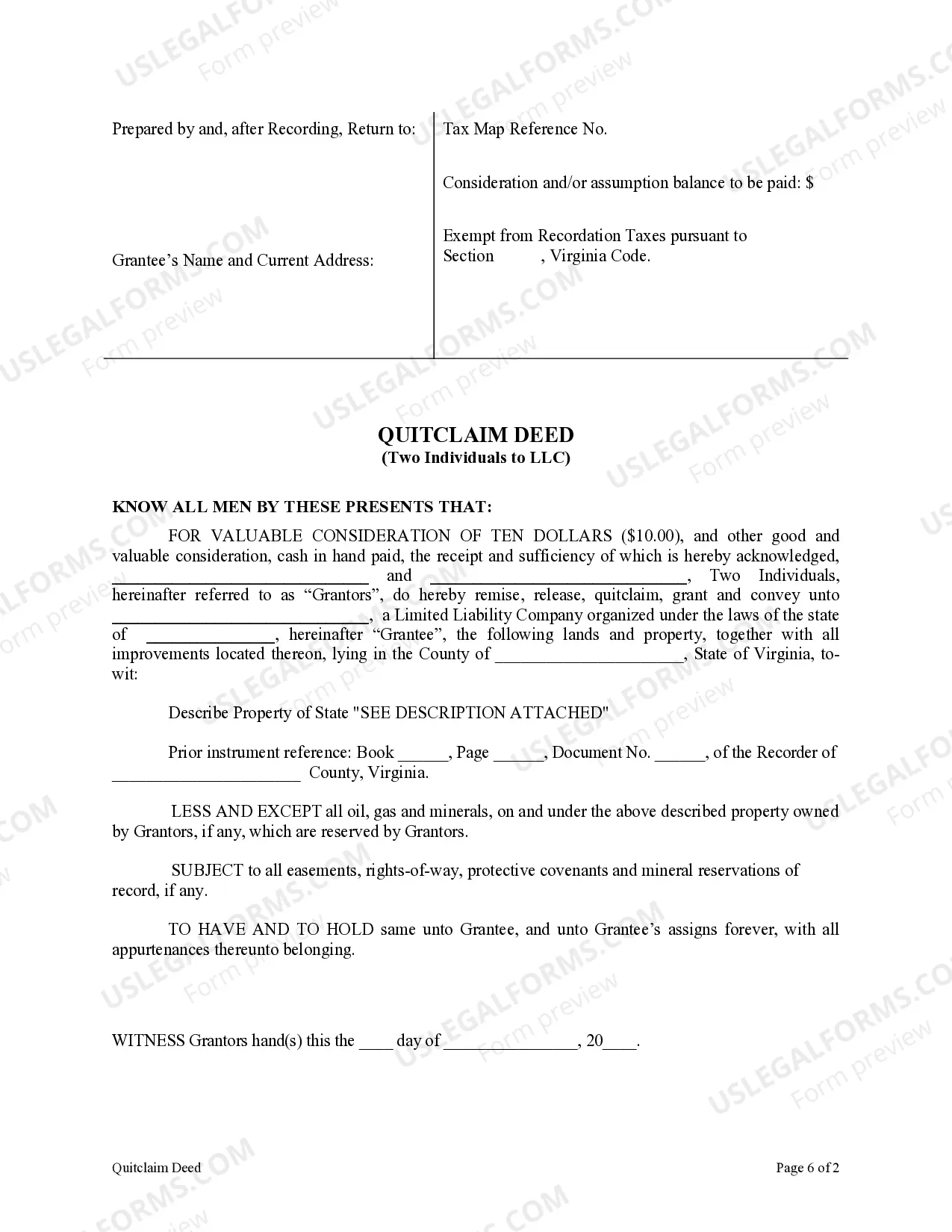 Preview Quitclaim Deed by Two Individuals to LLC