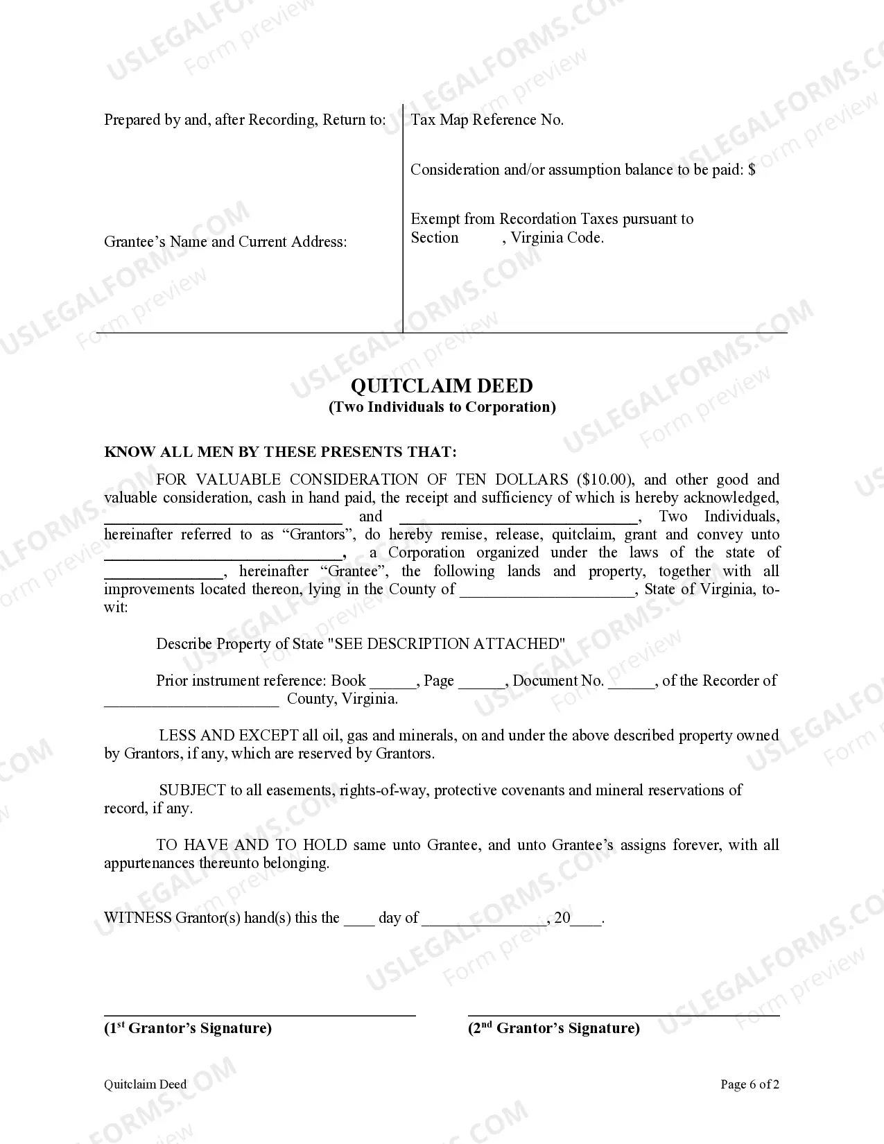 Preview Quitclaim Deed by Two Individuals to Corporation