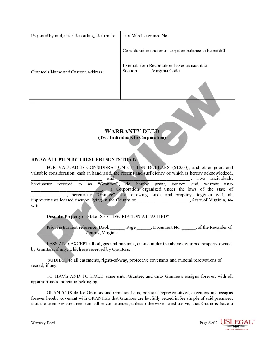 Preview Warranty Deed from two Individuals to Corporation