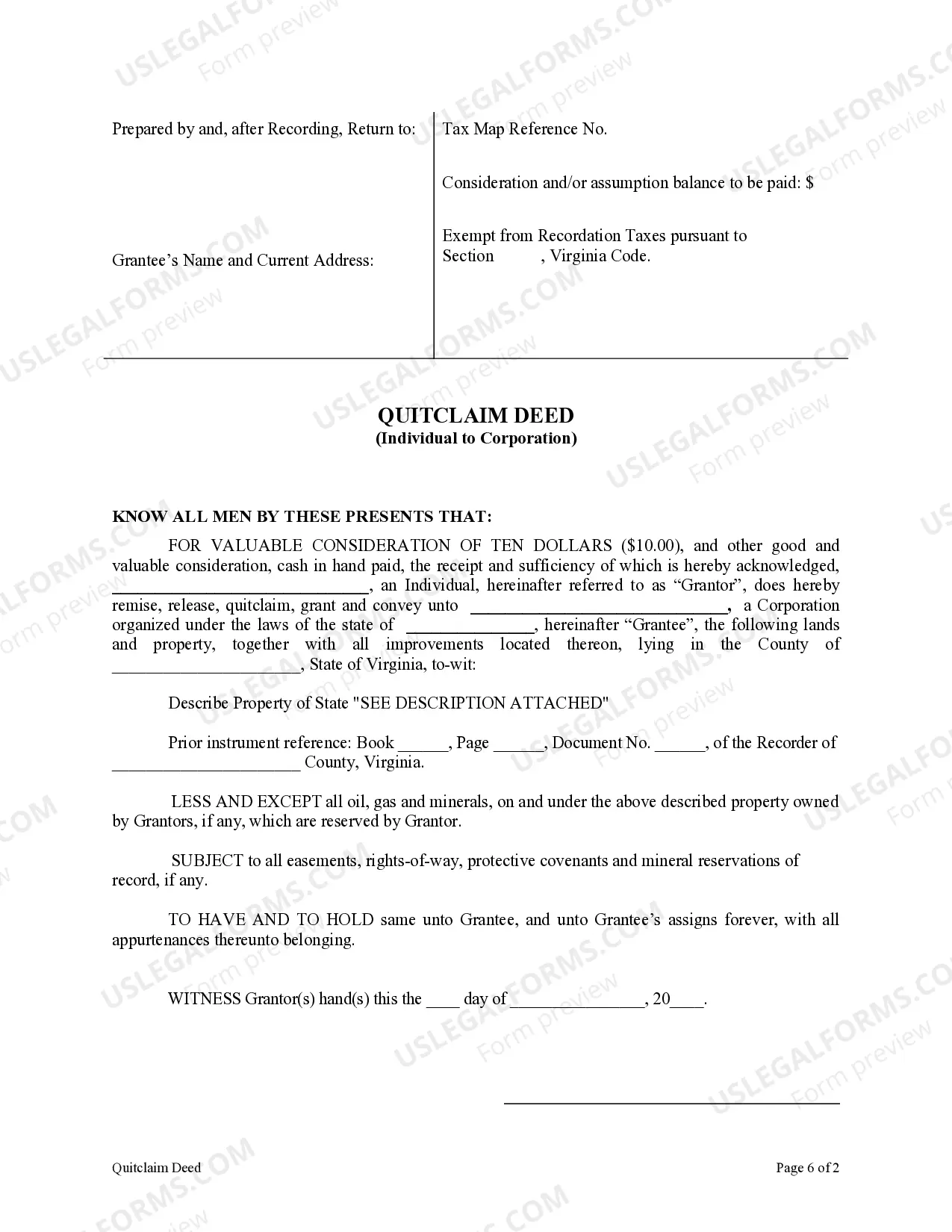 Preview Quitclaim Deed from Individual to Corporation