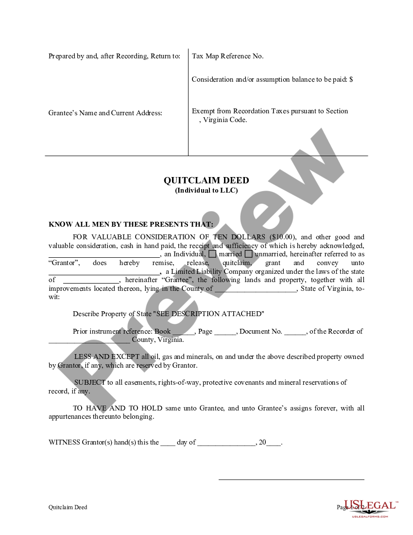 Virginia Quitclaim Deed From Individual To LLC US Legal Forms