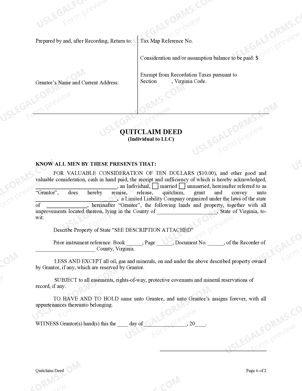 Preview Quitclaim Deed from Individual to LLC