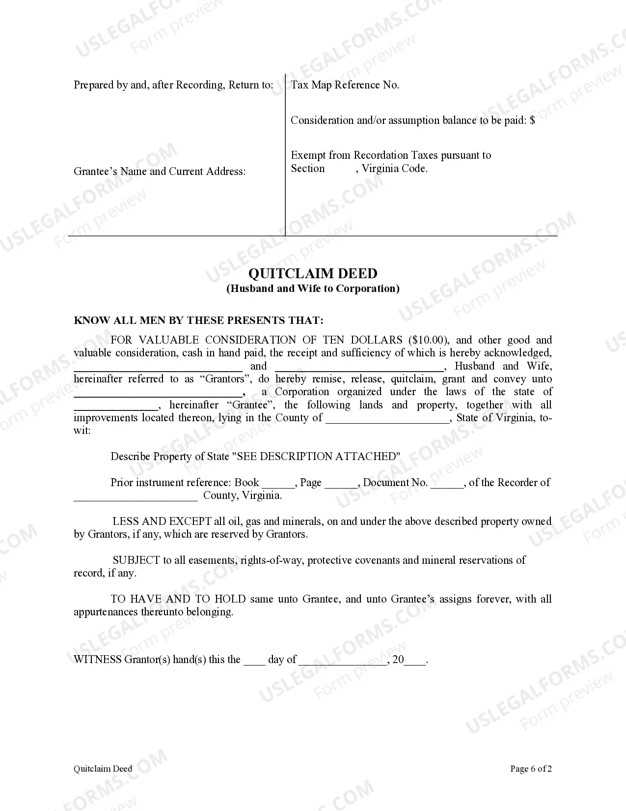 Preview Quitclaim Deed from Husband and Wife to Corporation