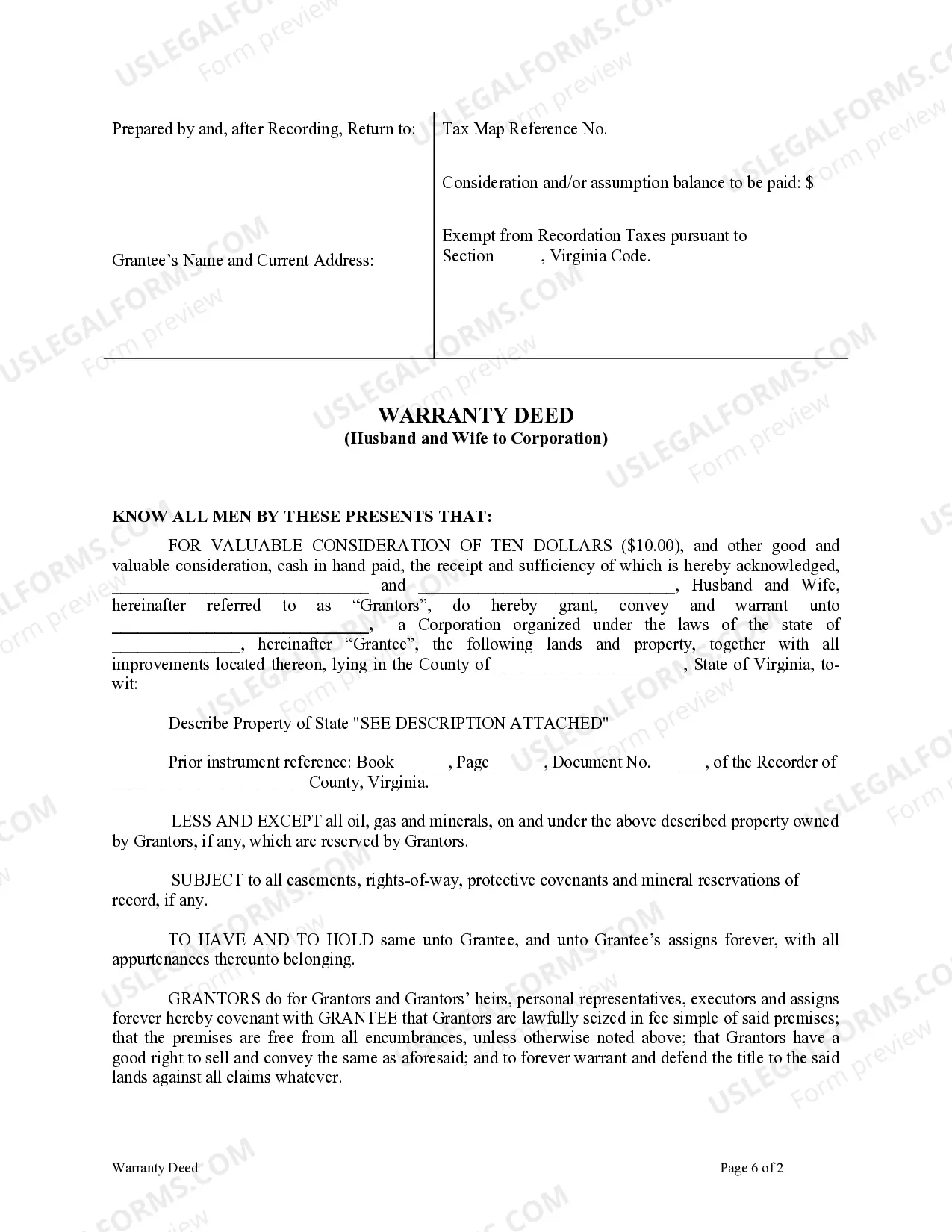 Preview Warranty Deed from Husband and Wife to Corporation