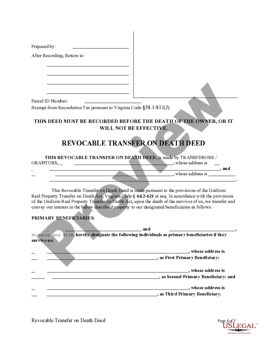 Preview Revocable Transfer on Death Deed from Husband and Wife, or Two Individuals, to Three Individuals