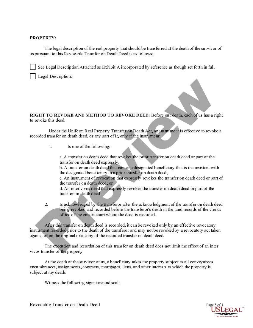 Preview Revocable Transfer on Death Deed from Husband and Wife, or Two Individuals, to Three Individuals