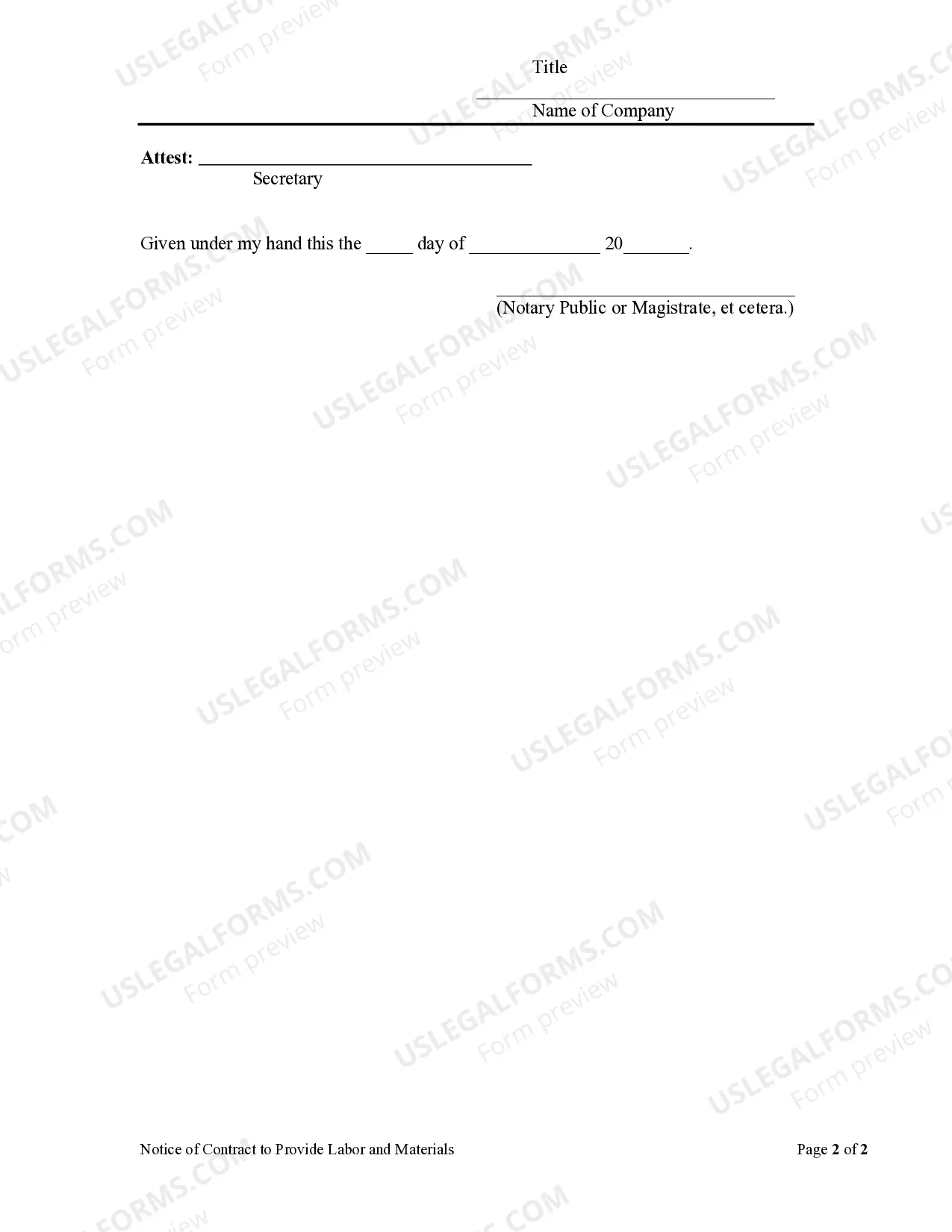 Preview Notice of Contract to Provide Labor and Materials - Corporation