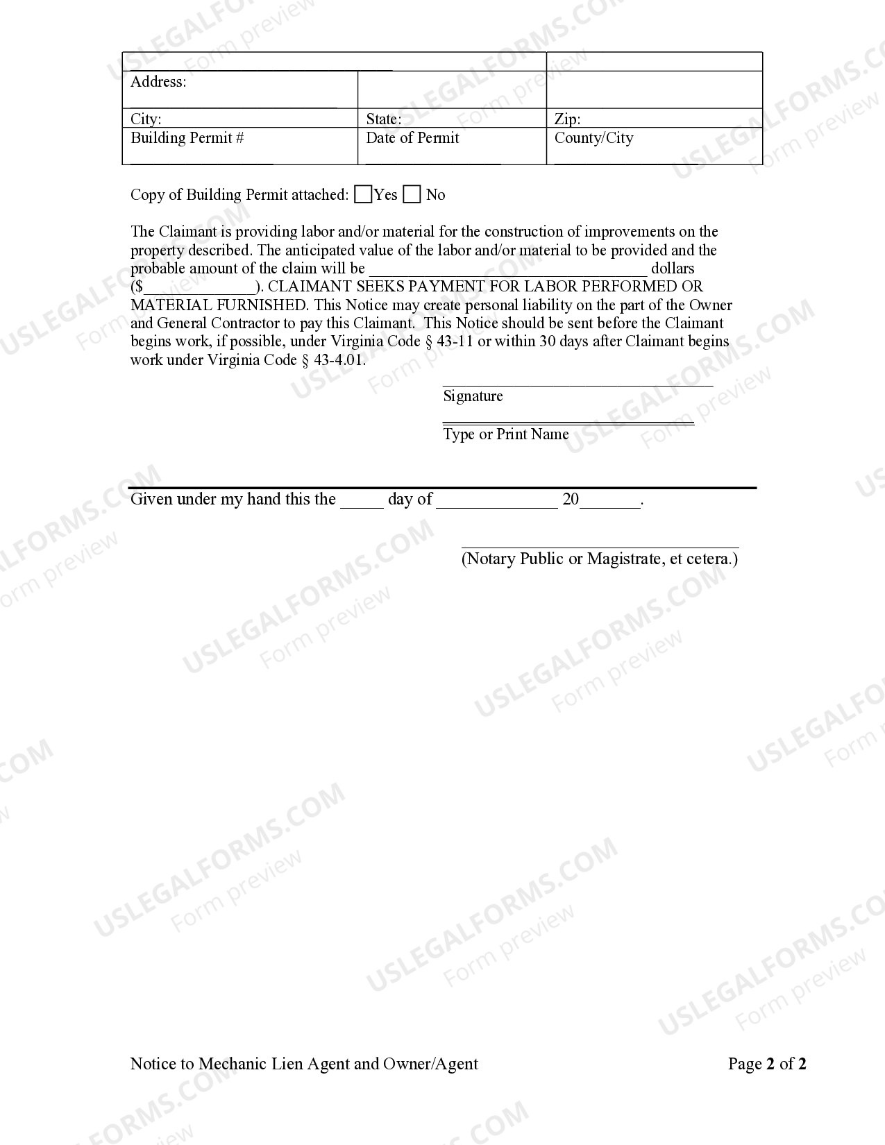 Virginia Notice to Mechanic Lien Agent and Owner/Agent Mechanics Lien