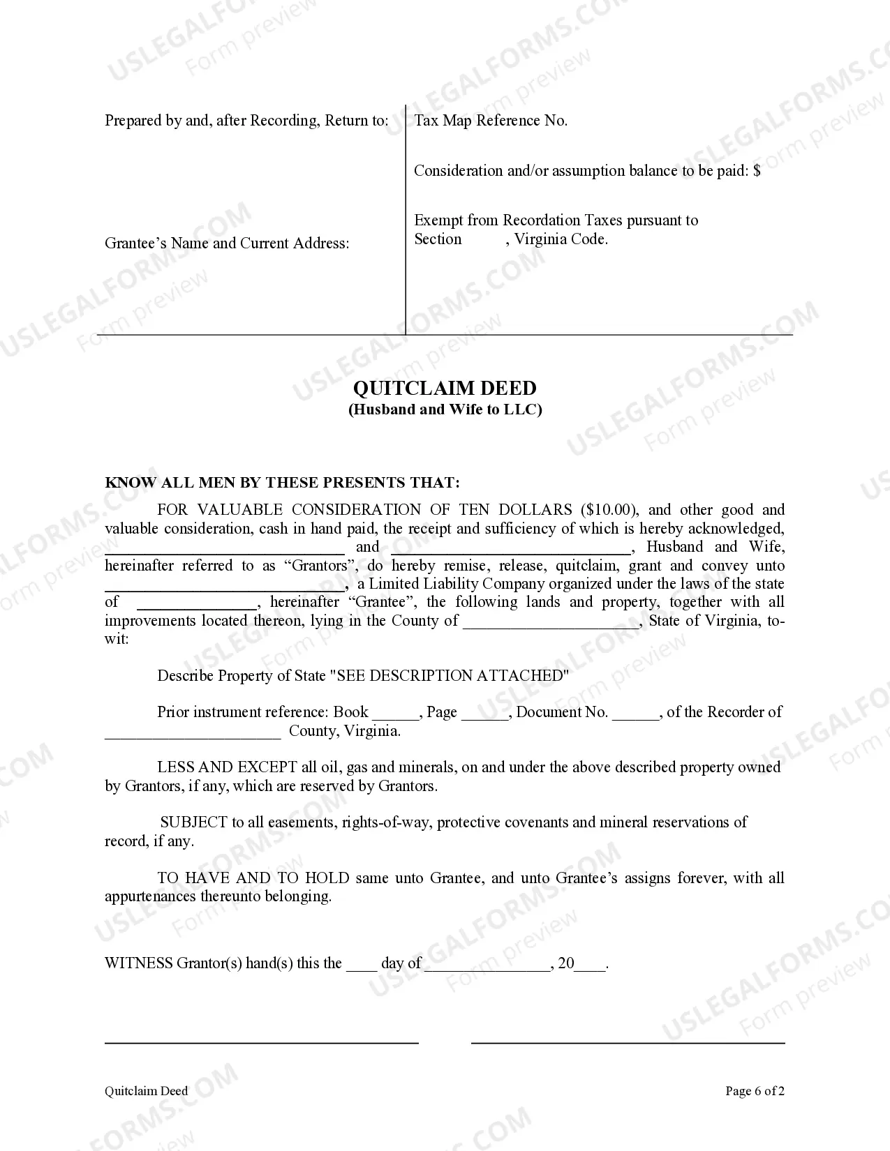 Preview Quitclaim Deed from Husband and Wife to LLC