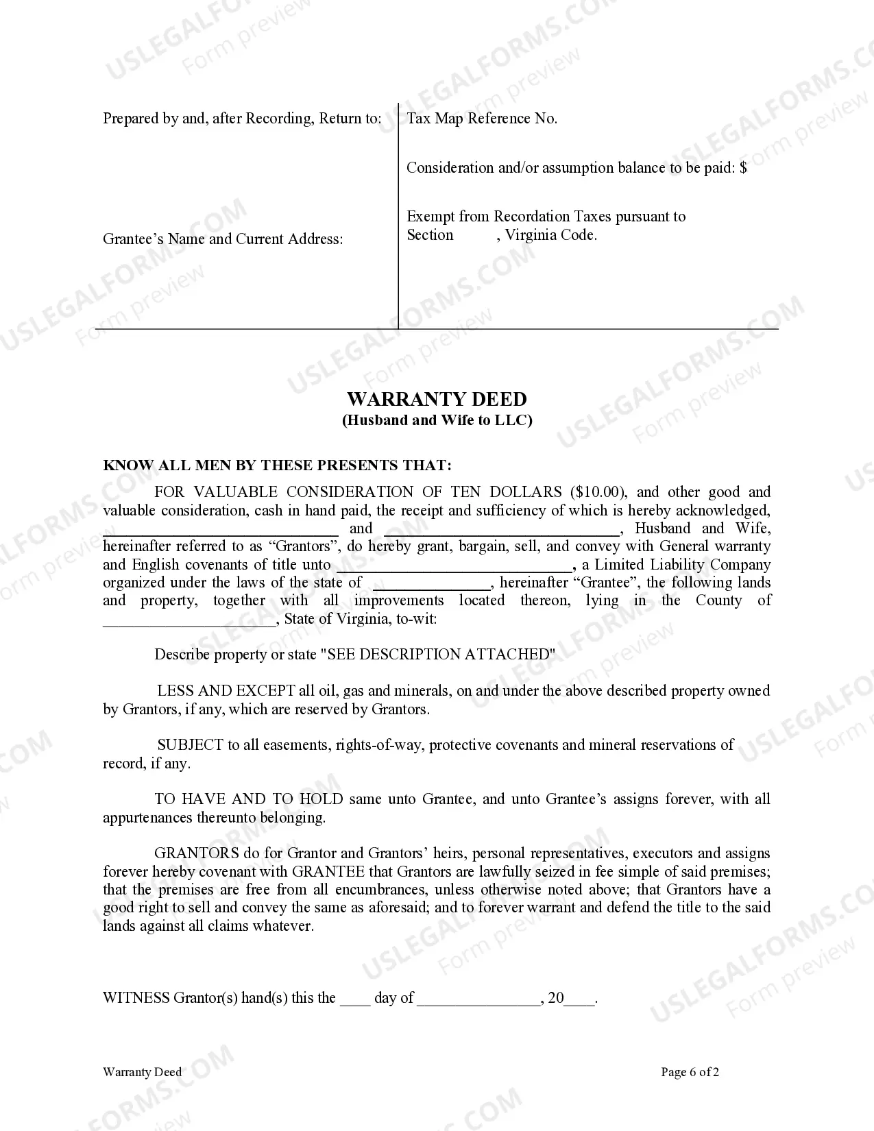 Preview Warranty Deed from Husband and Wife to LLC