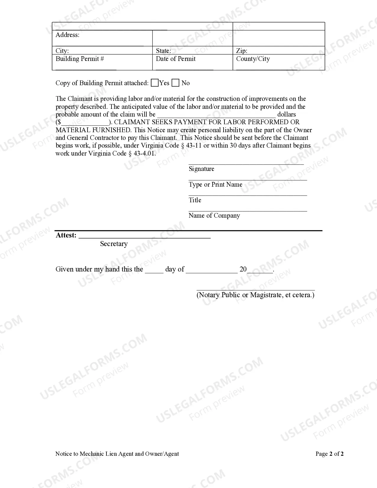Preview Notice to Mechanic Lien Agent and Owner/Agent - Corporation