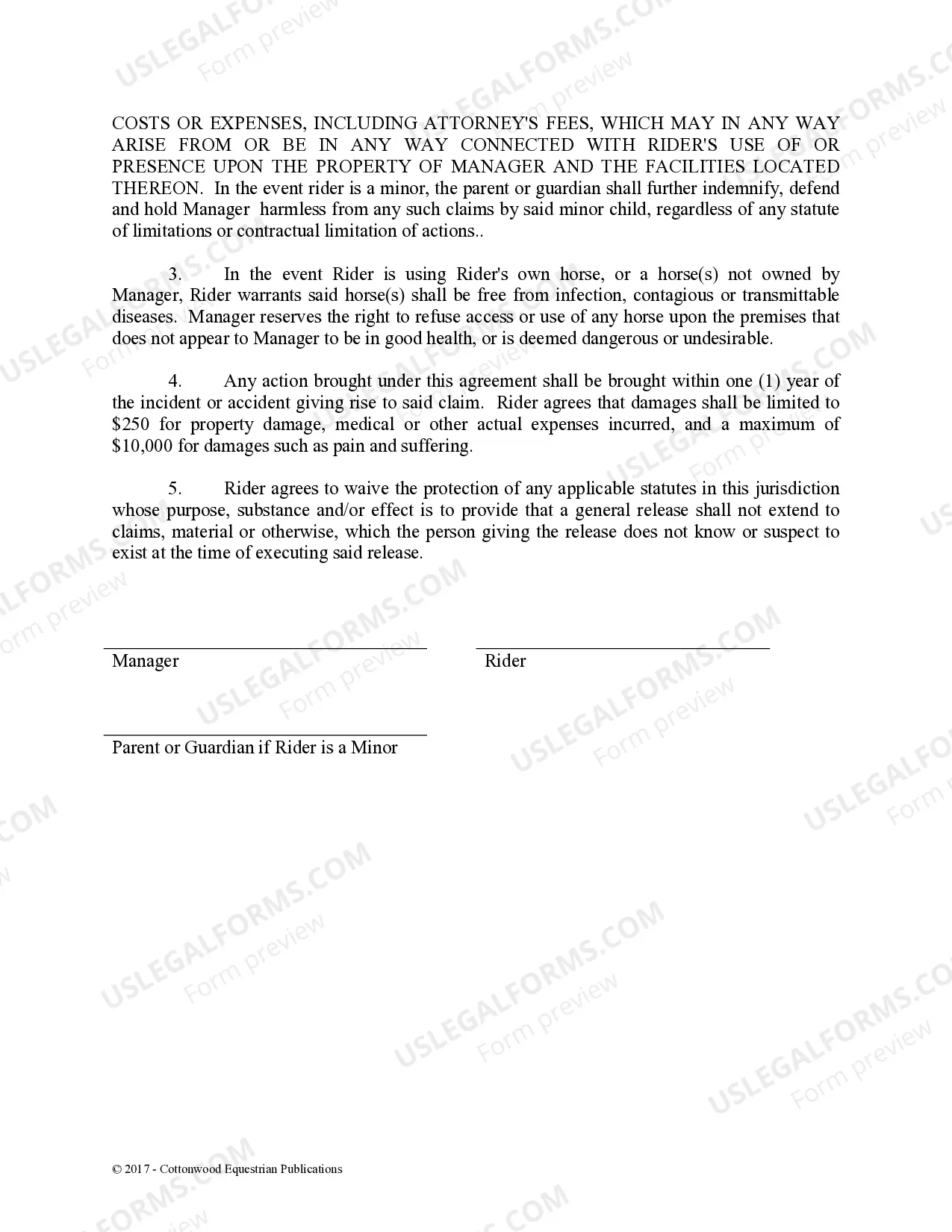 Preview Release of Liability Parent Minor - Horse Equine Forms