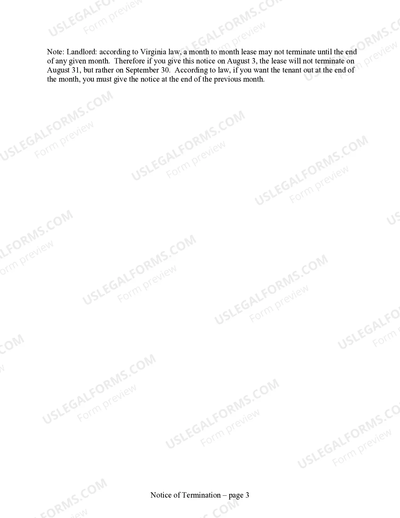 Preview Notice to Terminate Month to Month Lease - 30 Day Period to End of Term - Residential