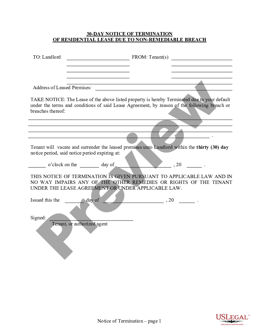 Virginia 30 Day Notice To Terminate Lease Due To Non Remediable Breach Non Remediable Us 4452