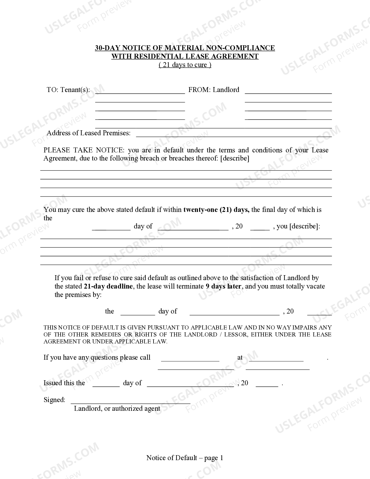 Virginia 30 Day Notice of Material 21 Days to Remedy