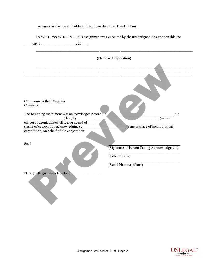 Preview Assignment of Deed of Trust by Corporate Mortgage Holder