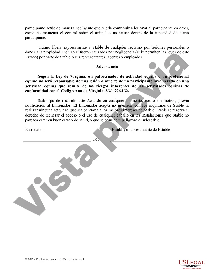 Preview Acuerdo de uso de las instalaciones del entrenador - Formularios equinos de caballos