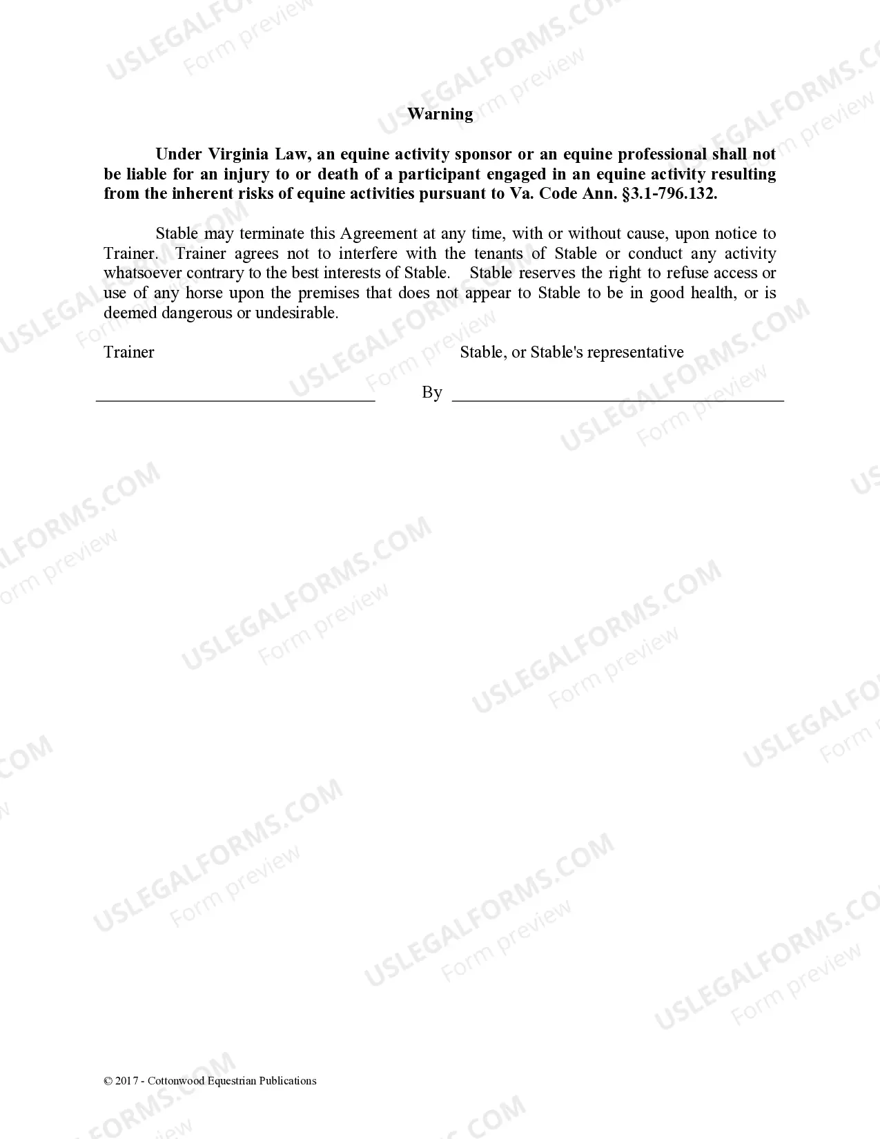 Preview Trainer's Facility Use Agreement - Horse Equine Forms