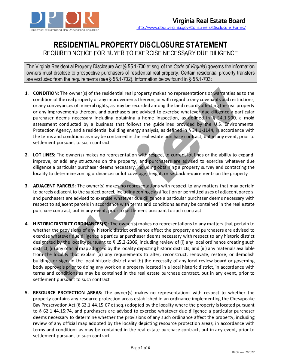 page 0 Residential Real Estate Sales Disclosure Statement preview