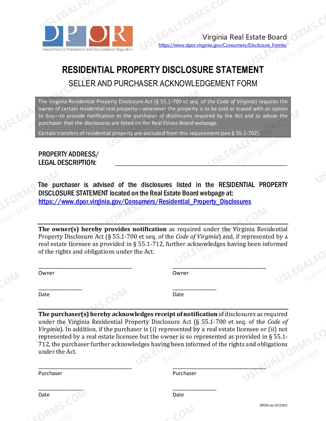 Preview Residential Real Estate Sales Disclosure Statement
