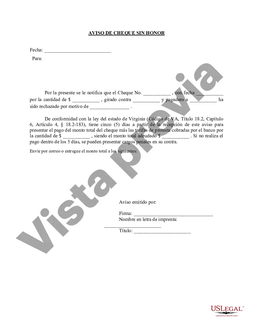 Preview Aviso de cheque sin fondos - Penal - Palabras clave: cheque sin fondos, cheque sin fondos