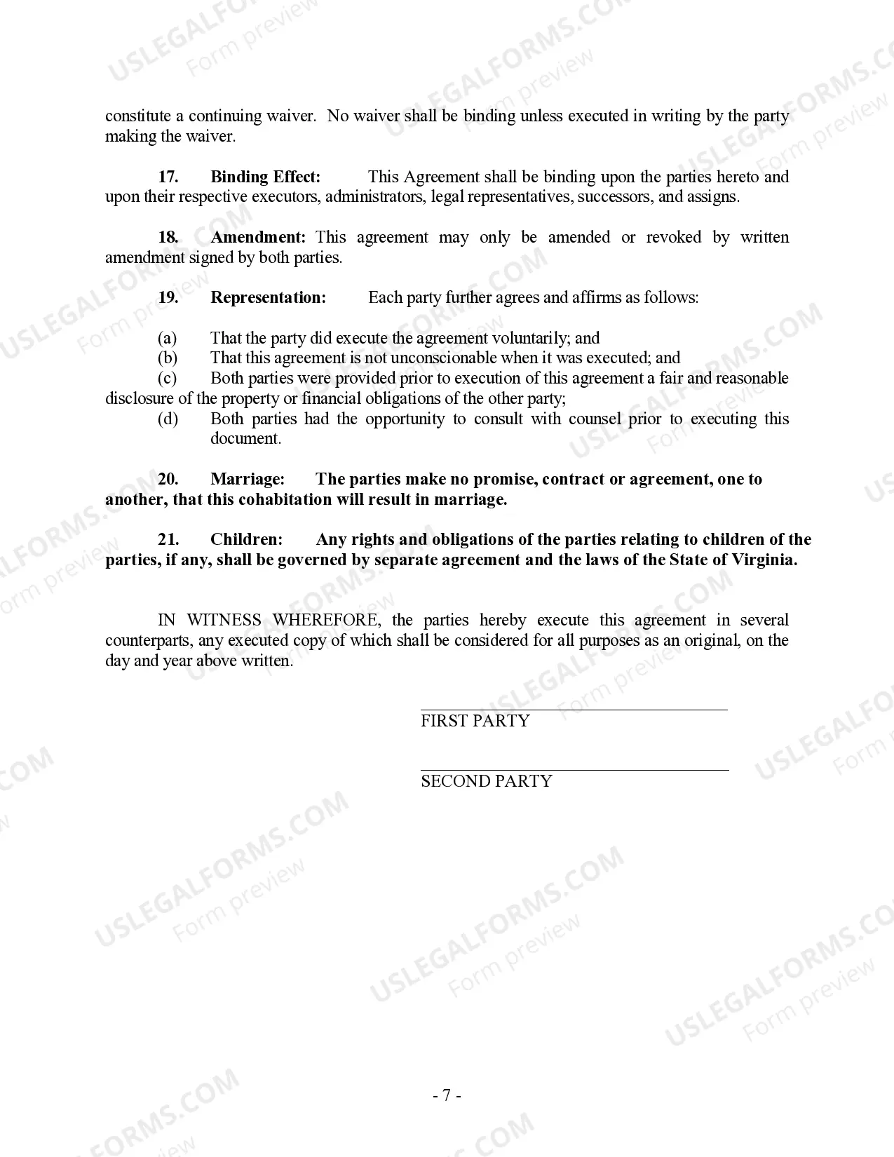 Preview Non-Marital Cohabitation Living Together Agreement