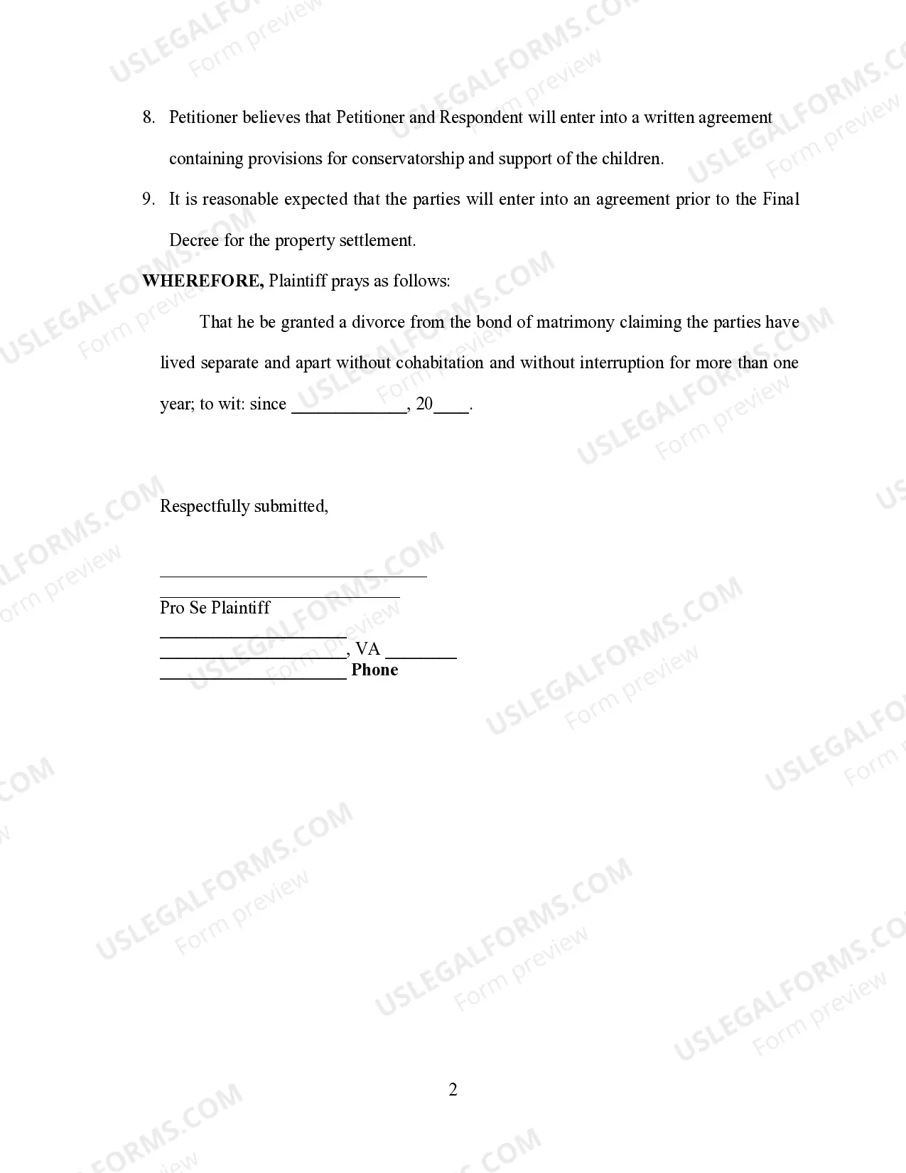 Preview Complaint for Divorce for irreconcilable differences