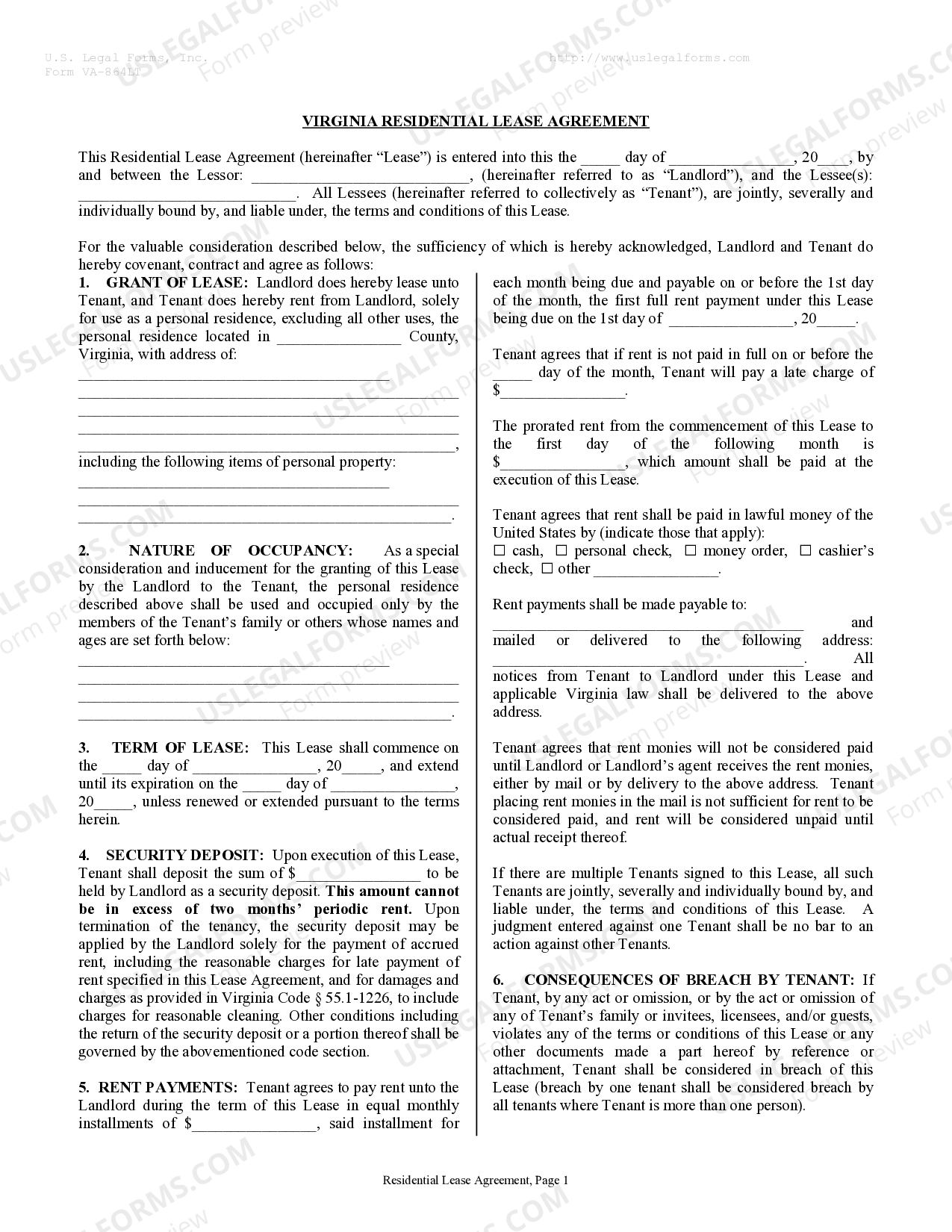 Virginia Residential Rental Lease Agreement Virginia Residential