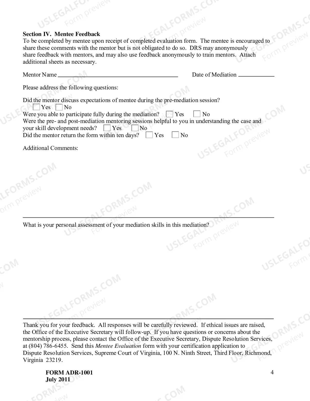Preview Mentee Evaluation Form