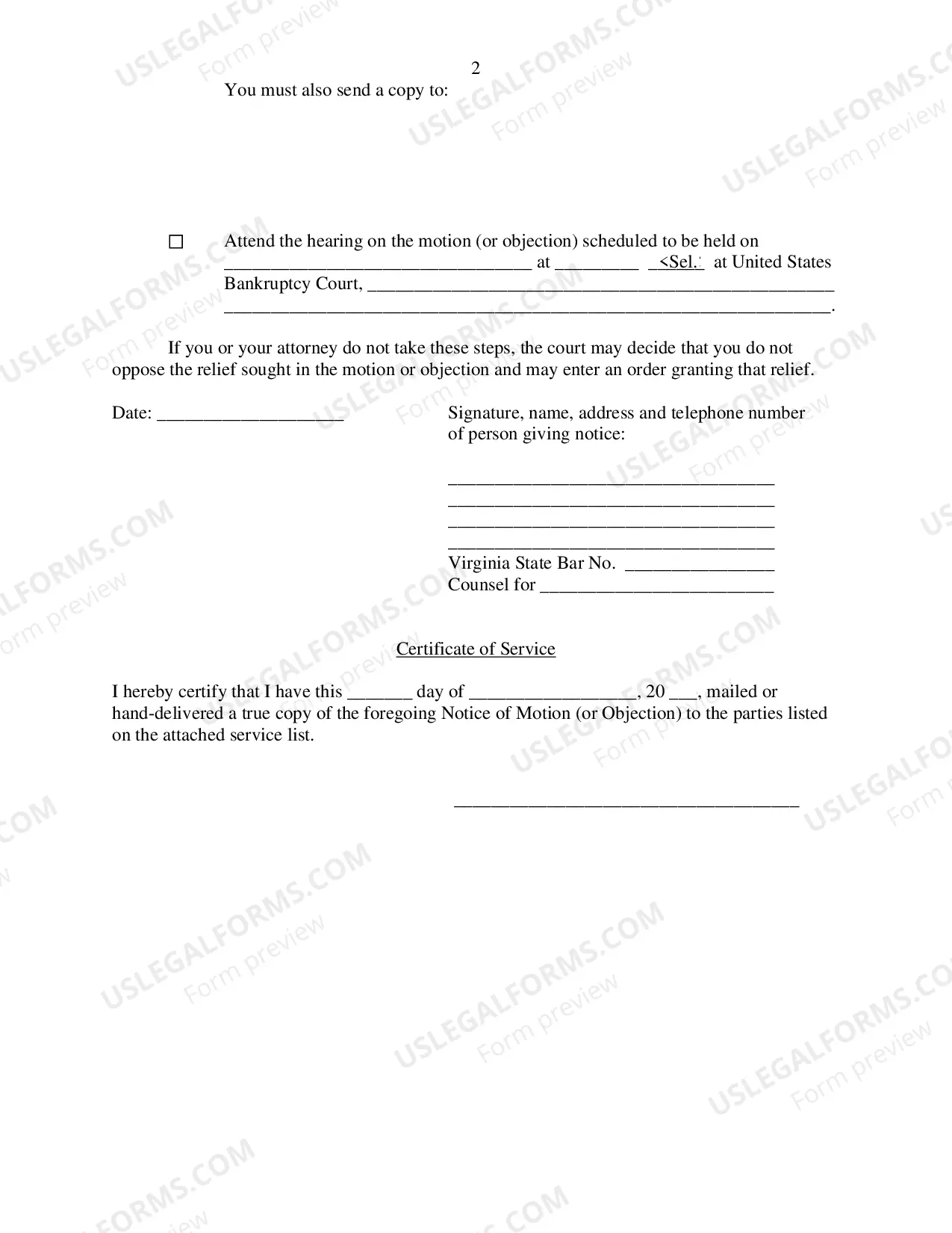 Preview Notice of Motion (or Objection) [for Other than Alexandria]