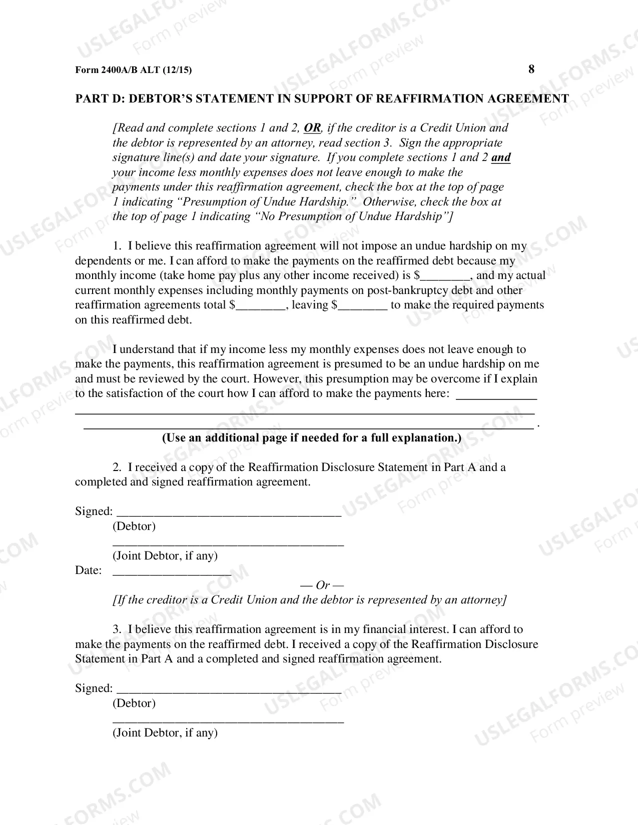 Preview Cover Sheet for Reaffirmation and Reaffirmation Agreement