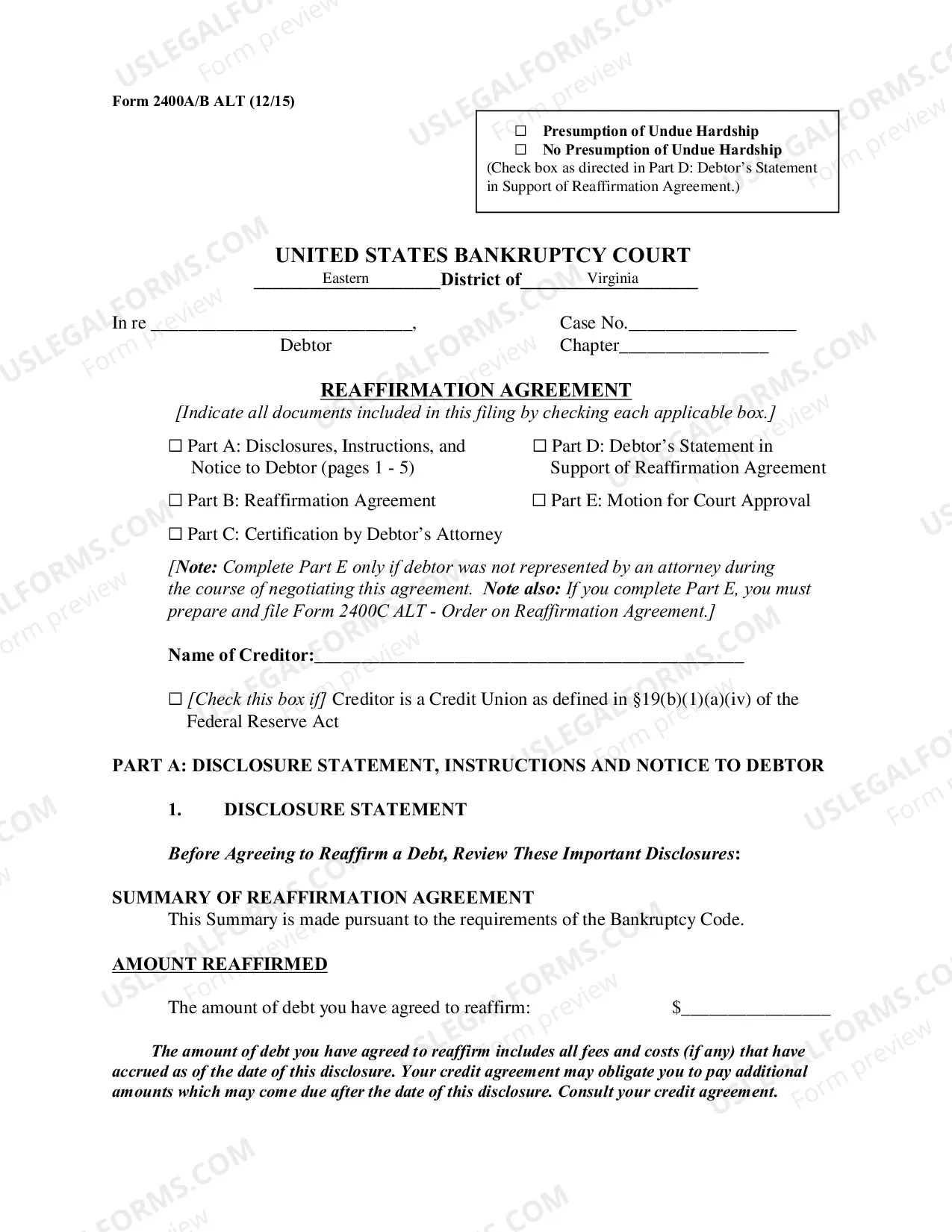 Preview Cover Sheet for Reaffirmation and Reaffirmation Agreement