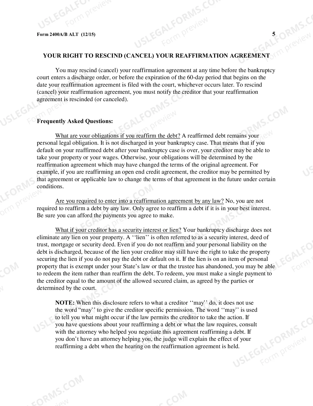 Preview Cover Sheet for Reaffirmation and Reaffirmation Agreement