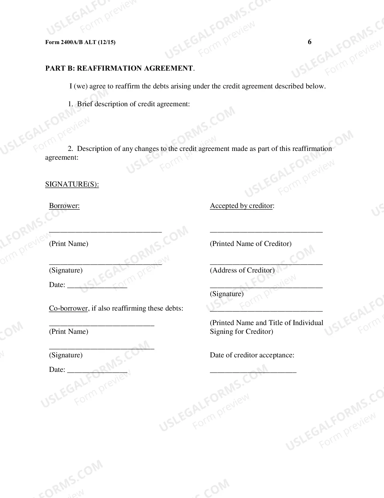 Preview Cover Sheet for Reaffirmation and Reaffirmation Agreement