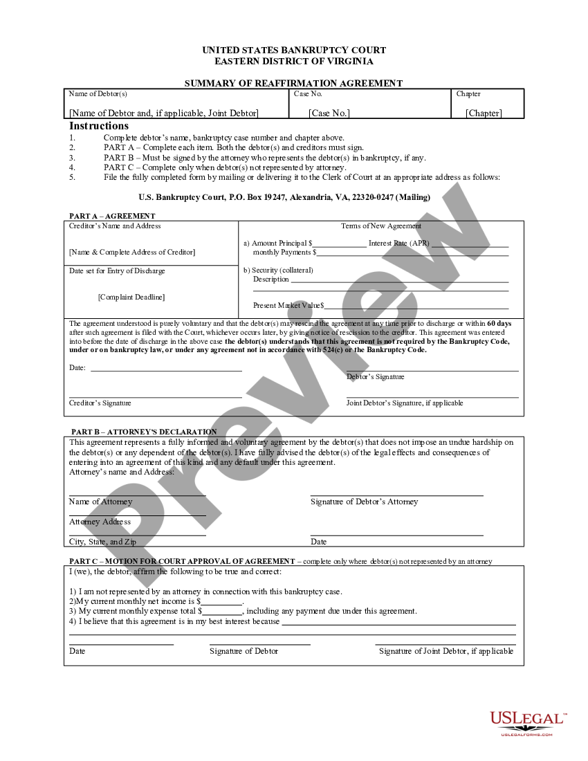 Virginia Summary Of Reaffirmation Agreement Us Legal Forms 6059