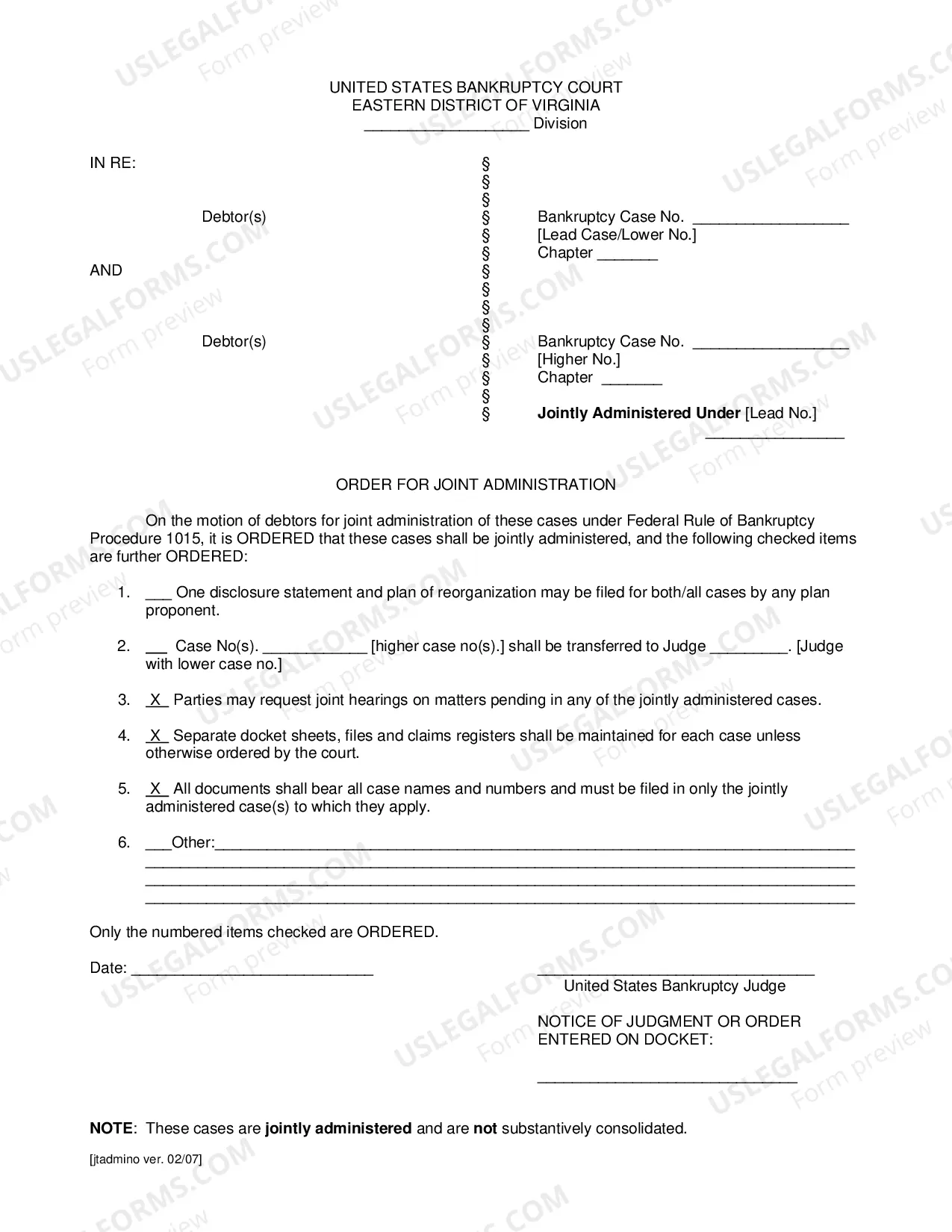 Preview Order for Joint Administration