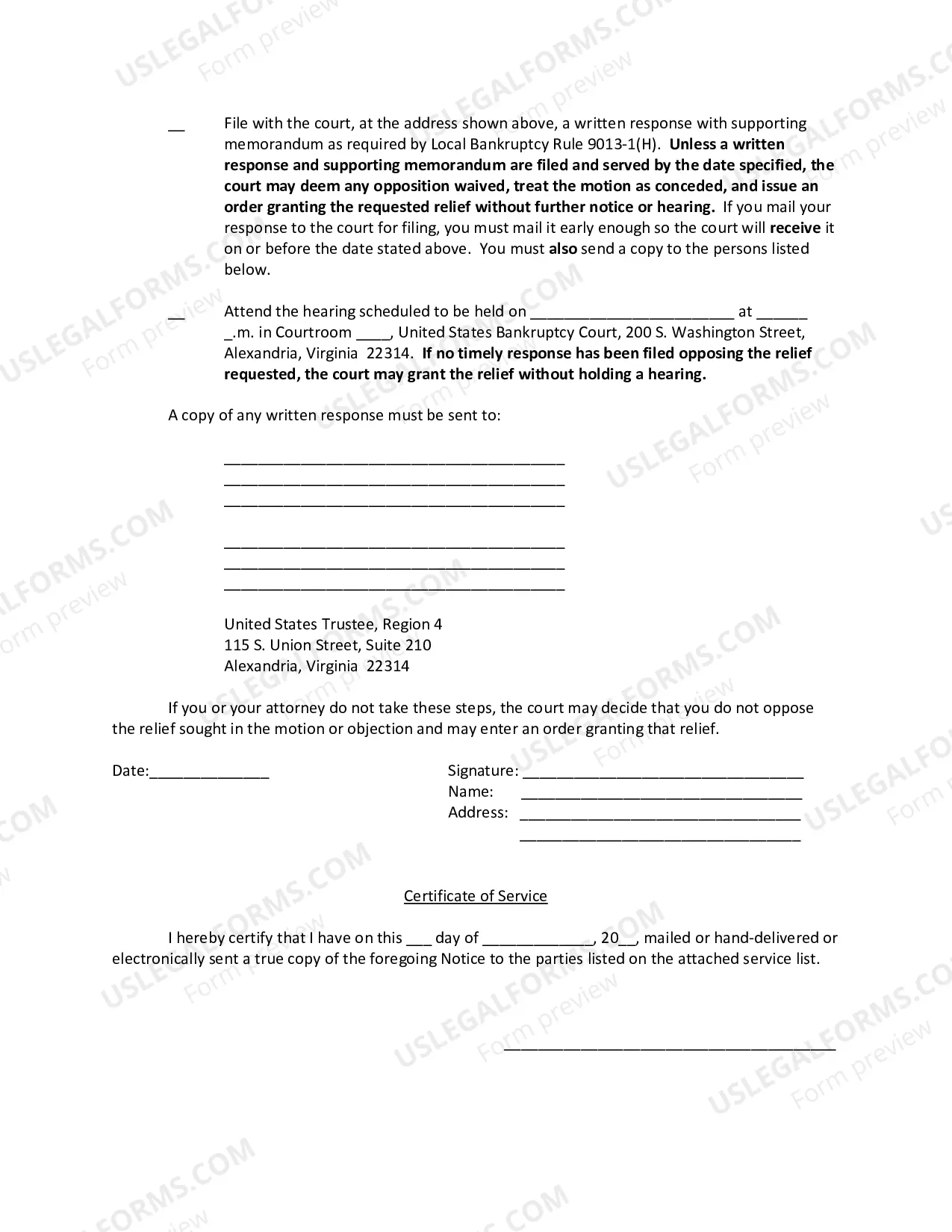 Preview Notice of [Motion to] [Objection to] [for Alexandria]